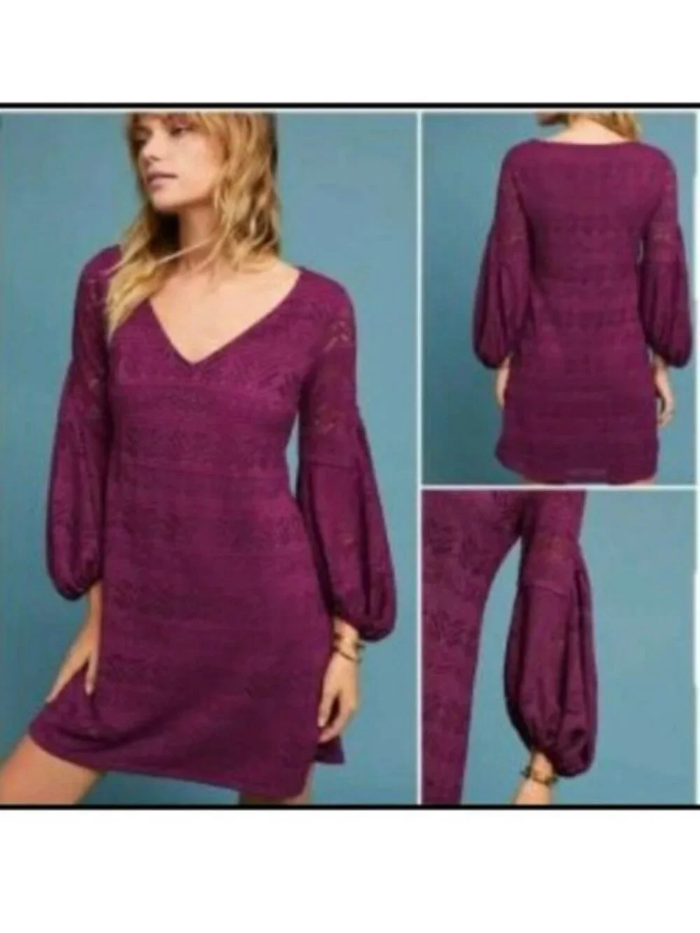 ANTHROPOLOGIE MAEVE Size Large Laila Lace Lined Dress Balloon Sleeve Purple